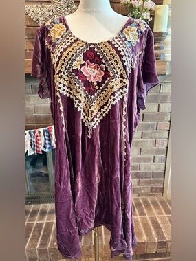 Johnny Was JW Los Angeles Velvet Embroidered Tunic Dress XL Boho Whimsigoth